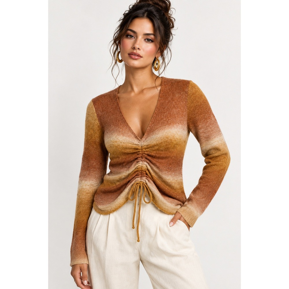 Les Serein Bella Cinched V-Neck Sweater Women‎ LP Burnt Orange NWT
